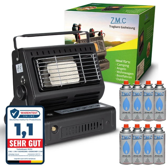 2in1 Tragbare Gasheizung Camping Butan Gas Kocher Keramik +8 Gaskartuschen 1,3KW