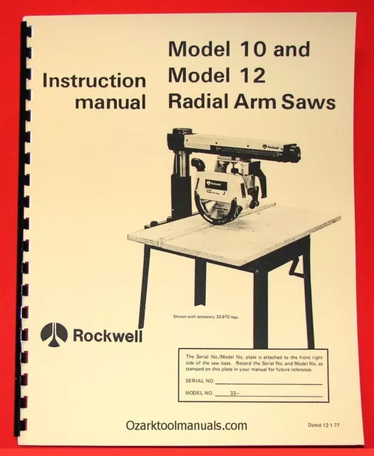 ROCKWELL Model 10 & 12 Radial Arm Saws Owners Instructions & Parts Manual 1058
