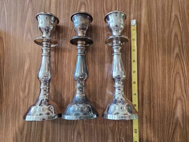 3 Pottery Barn Antiqued Silver Metal Taper Candlesticks Candle Holder 8" Rustic