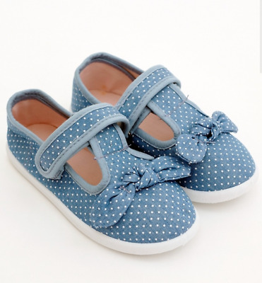 MOTHERCARE Girls Canvas Shoes Toddler Blue Denim Bow Summer Plimsols T-bar Pumps