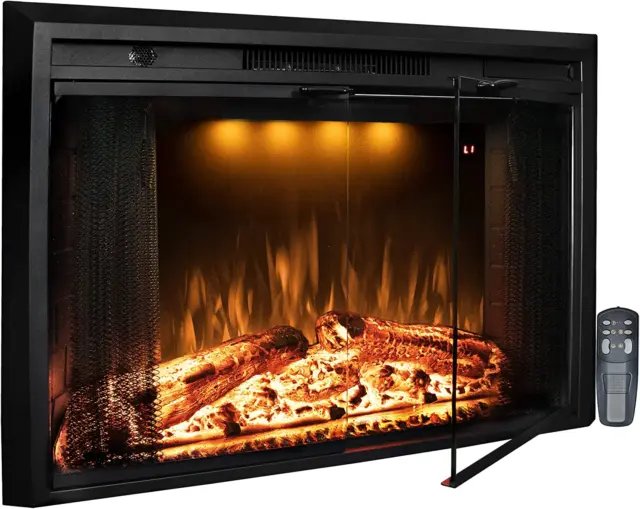 36” Electric Fireplace Inserts with Glass Door and Mesh Screen, Multicolor Flame