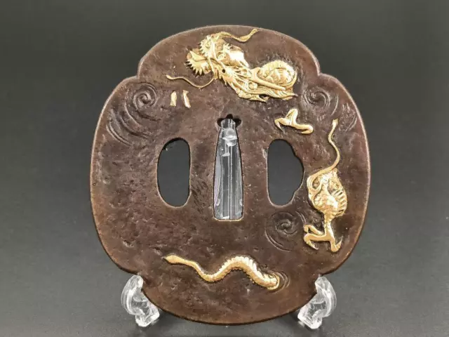 Japanese Sword Fittings Tsuba Figure Of Divine Dragon Izumo Copper Ground Art /J