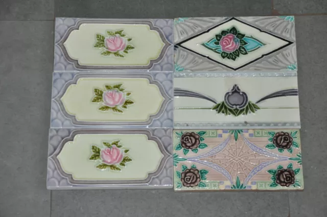 6 Pc Vintage Different Designs Embossed Colorful Ceramic Tiles, Japan & England