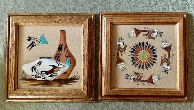 **LOT of 2**  Vintage Navajo Native American Sand Art Paintings, each 11" x 11"