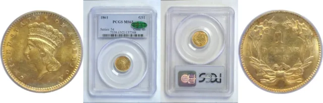 1861 $1 Gold Coin PCGS MS-63 CAC
