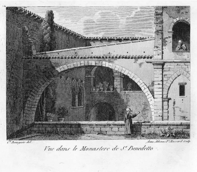 1804 San Benedetto monastero incisione stampe Bourgeois acquaforte veduta