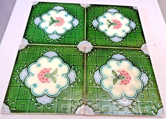 VINTAGE TILE CERAMIC PORCELAIN MAJOLICA ART NOUVEAU GEOMETRIC FLOWER DESIGN 4 Pc 3