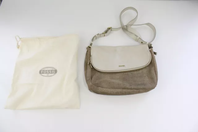 Fossil Preston Beige White Leather Small Flap Crossbody Bag Purse w Dust Cover