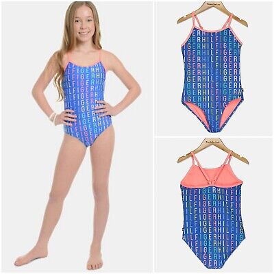 TOMMY HILFIGER Azaria Girls One-Piece Logo Swimsuit in Blue & Coral Size 4 NWT