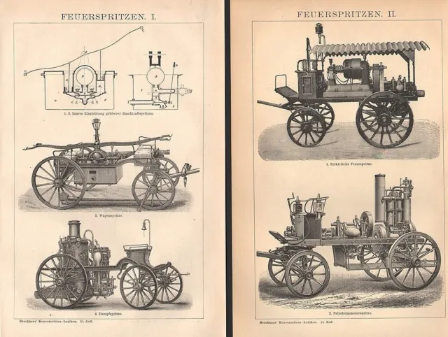 Feuerspritzen Feuerwehr Wagenspritze Dampfspritze  Wood Engraving Holzstich 1895