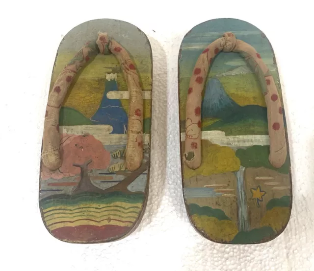 Ancient Asian Japanese Wood Carved Clogs GETA Sandals Hand Painted - 63LS 2