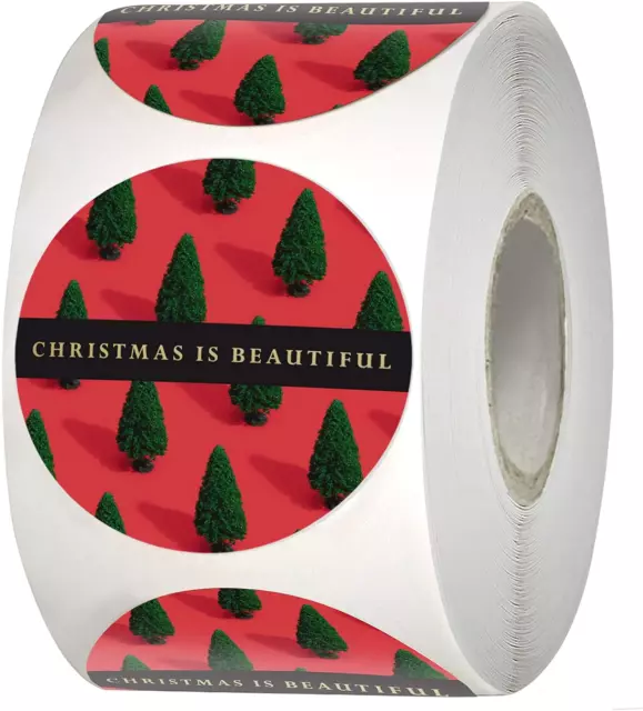 Easykart 500 Christmas Stickers in Roll, Christmas Is Beautiful Red Base Design