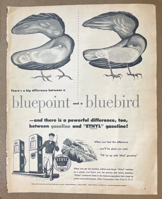 1951 Ethyl Gasoline Print Ad Blue Point Pearl Bluebird Gas Car Cars Vintage Art