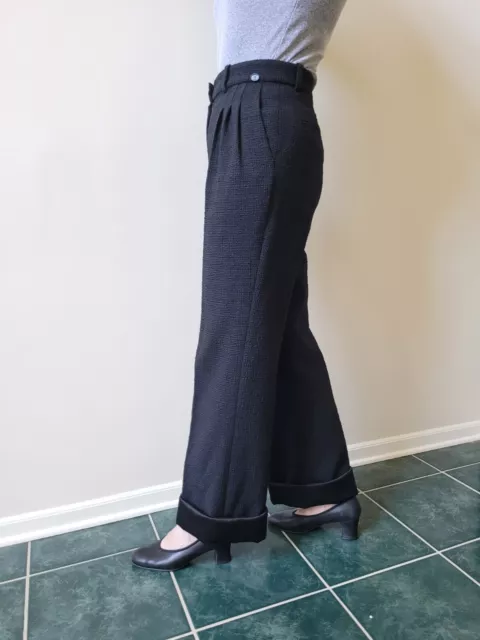 VTG CHANEL Women's Wool Wide Leg Pants Black, 2 Pockets, Silk Lining & Cuffs, 36