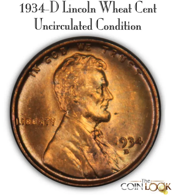1934-D Lincoln Wheat Cent Penny, High Grade BU Gem Unc MS