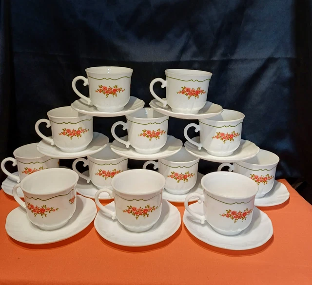 Lot De 12 Tasses à Café Arcopal – Vintage Motif Petites Fleurs Roses – Service Complet