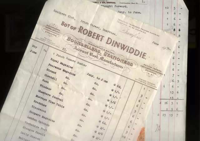 1934 Dumfries, Robert Dinwiddie, Bookseller, Stationer, 2 Page Account, Billhead