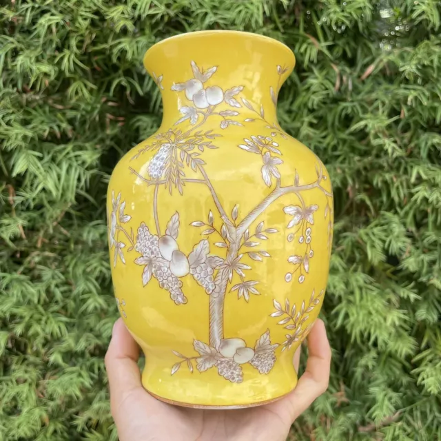 Antique LARGE Chinese Japanese Yellow Jaune Porcelain Vase Peach Fruit Longevity