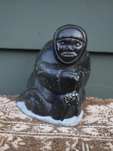 1982 Inuit Sculpture Man/Walrus Signed with Eskimo Igloo Label & Disk ID