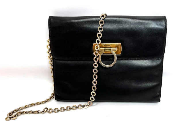 Auth Vintage Salvatore Ferragamo Vara Bow Mini Black Leather Crossbody Bag Used