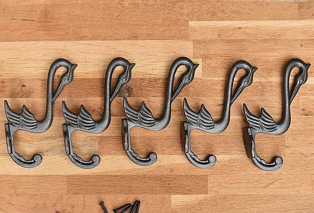 Set of 5 Arts & Crafts cast iron heron coathook wall door hanger coat hook