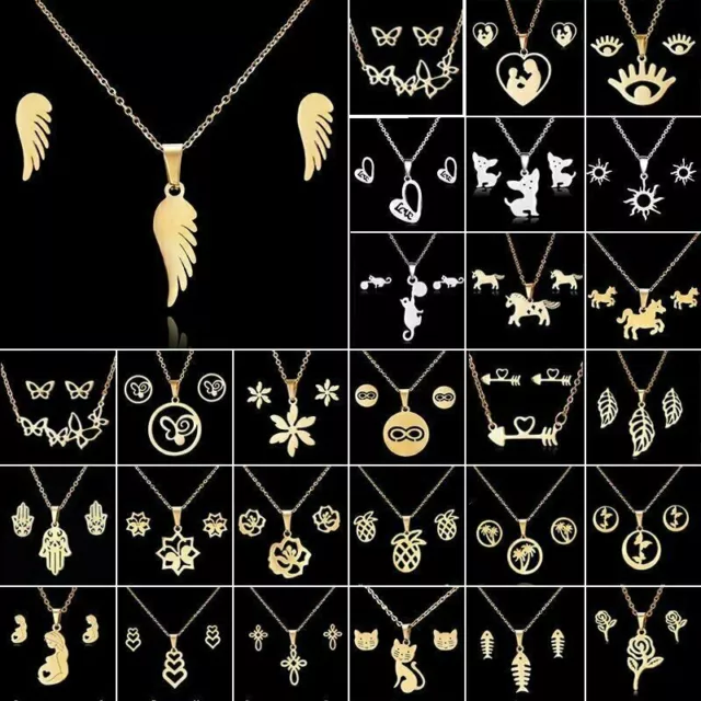 Fashion Gold Plated Stainless Steel Jewelry Set Women Pendant Necklace Earrings