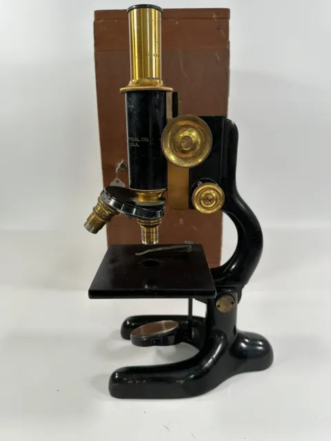 Vintage Bausch & Lomb Microscope Patent Date 1915 With Brass Optic In Wooden Box
