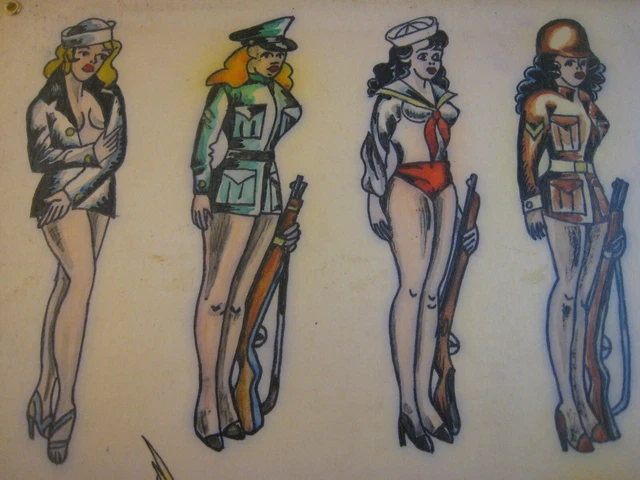 Vint. Hoja flash de tatuaje #Q.. C.1960.. 14 x 11 in. Original dibujado a mano/coloreado