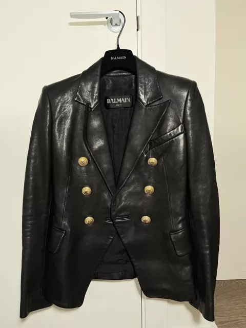 Balmain Black Leather Double Breasted Blazer Jacket, Size 34, RRP £2895