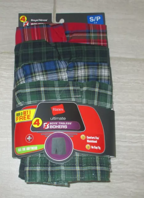 HANES ULTIMATE Tagless Boxers Underwear 4 PACK Asst Plaid YOUTH BOYS S SMALL 6-8