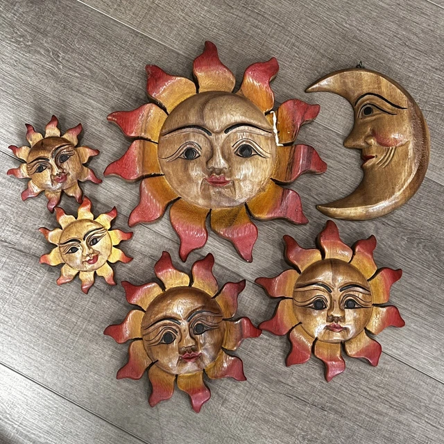 Hand Carved Wood Crescent Moon Sun Wall Art Hanging Vintage Folk Anthropomorphic