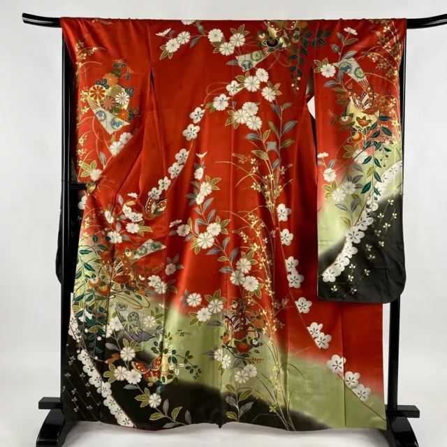 Japanese kimono SILK"FURISODE" long sleeves, Gold/Silver, Butterfly, L5' 5".3103