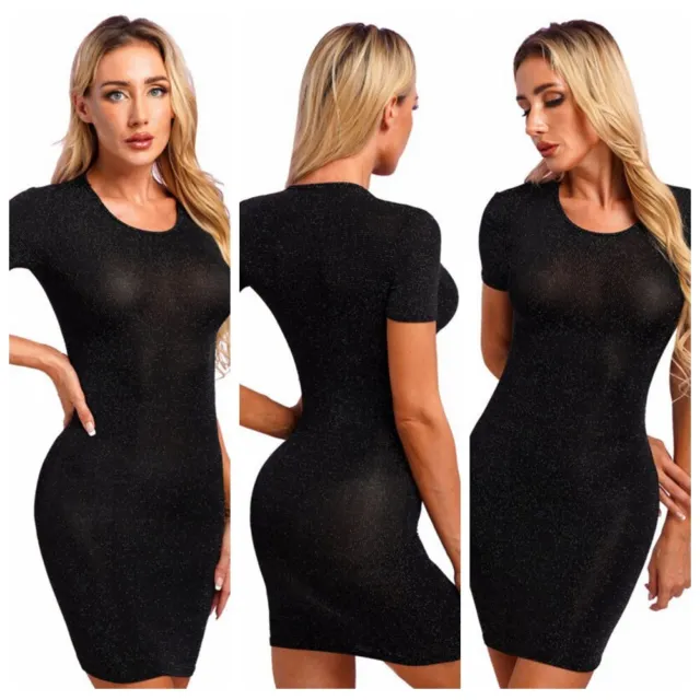 Sexy Womens Glitter Mesh Sheer Bodycon Mini Dress Shimmer Slim Fitted Club Party