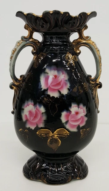 Vintage schwarz/gold & rosa Rosen Doppelgriff Vase (842) - 1383O