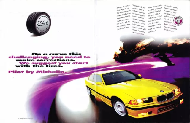 1997 Michelin Pilot Tires BMW M3 Yellow Coupe Engineer Extremes VINTAGE PRINT AD