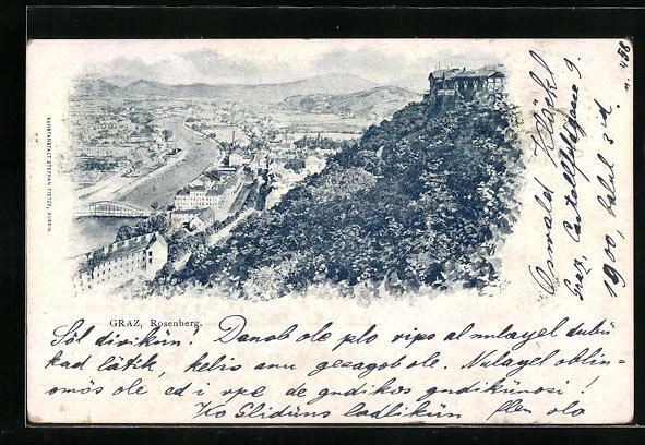 Künstler-AK Graz, Ortsansicht mit Rosenberg aus der Vogelschau 1900