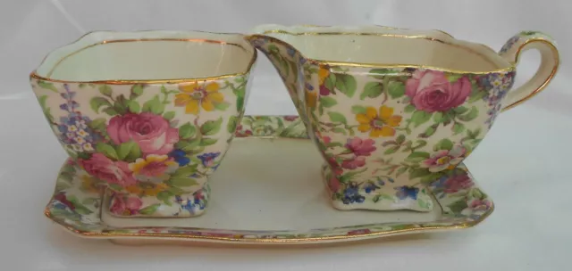 Royal Winton Summertime Chintz Ascot Creamer Pitcher Open Sugar Bowl Tray 3 Pc