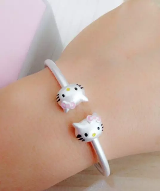 Women Stainless Steel Silver SP Hello Kitty Cat Open End Cuff Bangle Bracelet 2