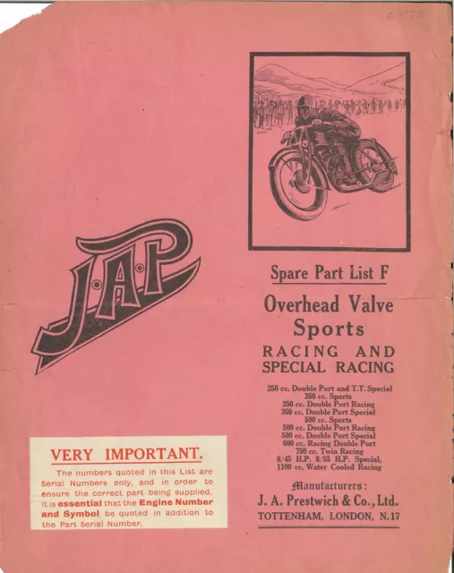 JAP Motorcycle Motorbike Engine Ohv - Sports (1928) Spare Parts Manual