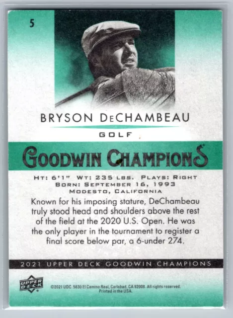 2021 UD GOODWIN Champions Golf #5 Bryson DeChambeau PGA Soft Corner EUR ...