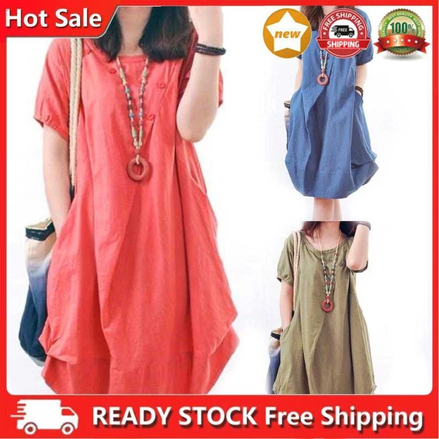 Mujeres Vestidos de Mangas Cortas Color Liso Suelto Bolsillo Talla Grande para Fiesta Vacaciones