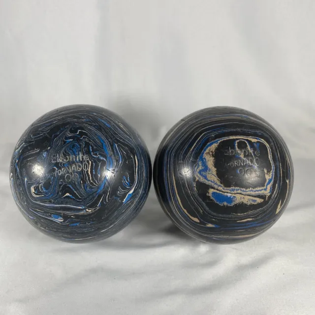Pair 2 Ebonite Tornado  Black w/ Blue Swirl Duckpin Bowling Ball 3lb 9.5oz Each