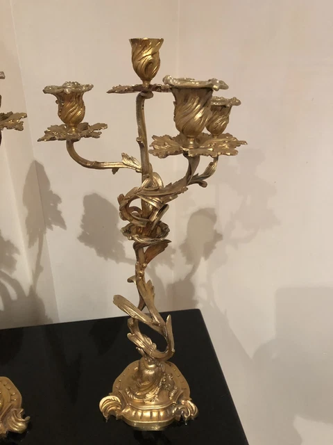 Large Pair Golden Bronze Candelabra Louis Xv Xix Eme Brand M 3