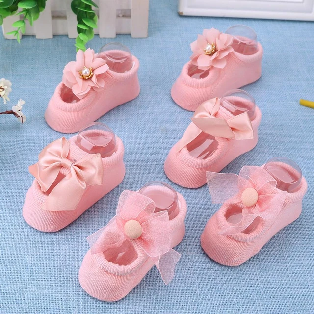 3 Pairs/Lot Flower Bowknot Baby Girls Cotton Anti-Slip Floor Socks (Pink M) fr 2