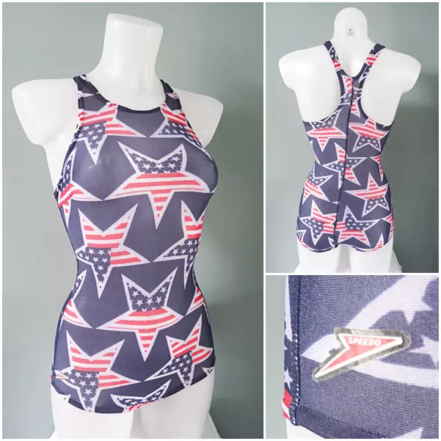 Vintage Speedo Swimsuit 1970 Swimming Costume Ladies USA Stars & Stripes 32"