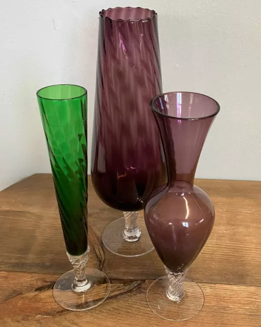 Vintage Mixed Job Lot Joblot Studio Art Glass Bud Vases Vase Amethyst & Green
