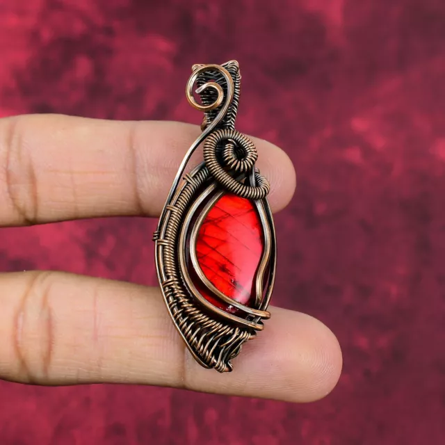 Red Fire Labradorite Gemstone Pendant Copper Wire Wrapped Jewelry Gift For Women
