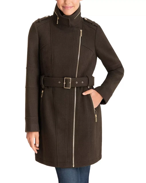 New Michael Kors $340 Dark Moss Wool Blend Asymmetrical Belted Coat Sz S Small