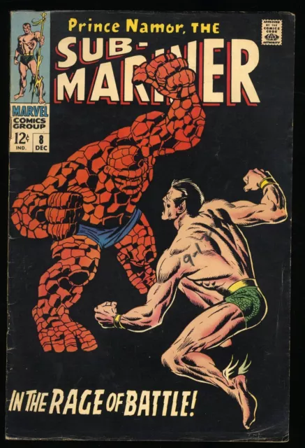 Sub-Mariner #8 FN 6.0 Prince Namor Vs Thing! Classic Cover!  Marvel 1968