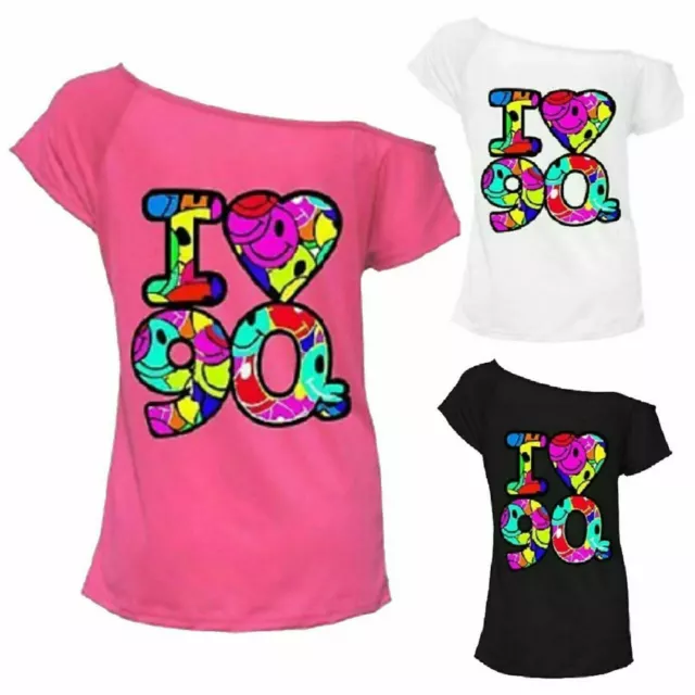 Ladies I Love The 90s Pop Disco Party Festival Retro Off The Shoulder Top Shirt